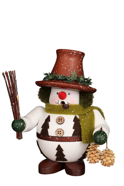 Snowman with twigs and pine cones