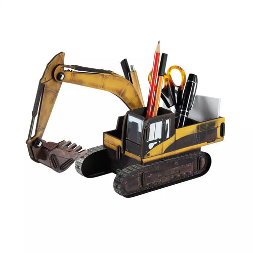 A toy excavator construction vehicle with movable shovel arm, featuring various compartments for storing pens, pencils, and other office supplies.