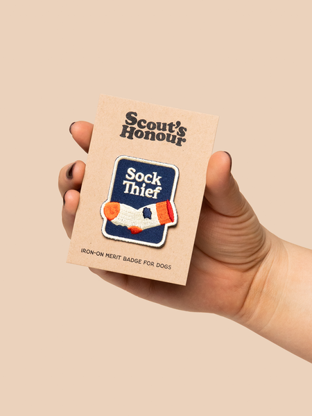 Sock Thief iron-on patch for pets
