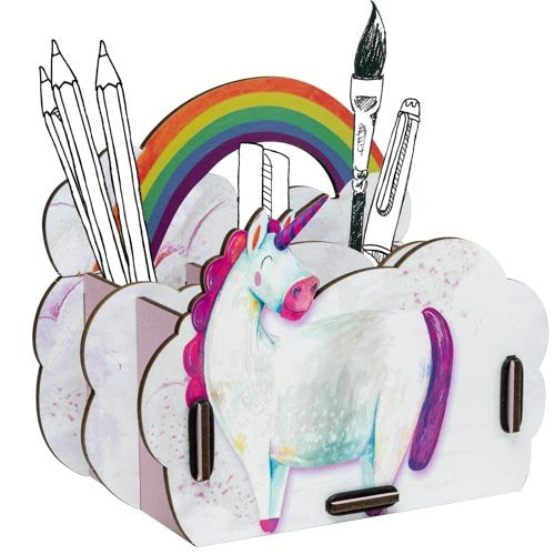 Unicorn-shaped pencil holder with stationery items on a white background