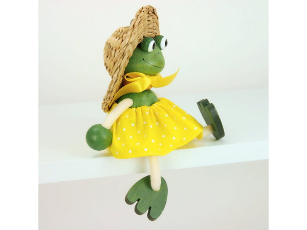 Wooden Figure on a Spring - Frog in Yellow Dress