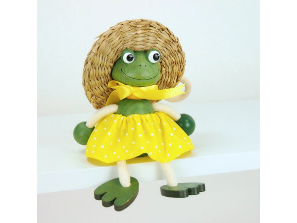 Wooden Figure on a Spring - Frog in Yellow Dress