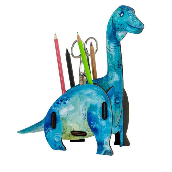 A Brachiosaurus-shaped pen pot with multiple compartments, filled with pencils and other stationery items. The pen pot is predominantly blue with green markings.