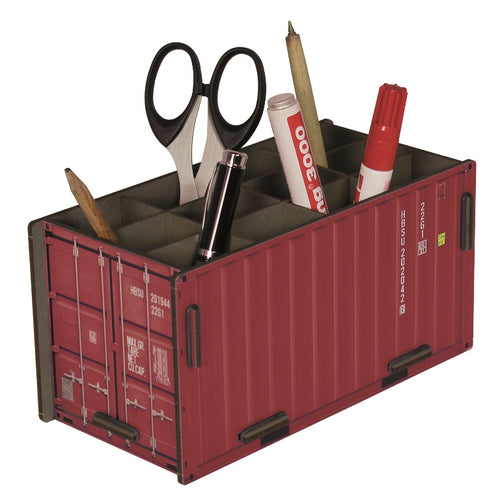 red container shaped wooden pen pot with writing implements carrying it 