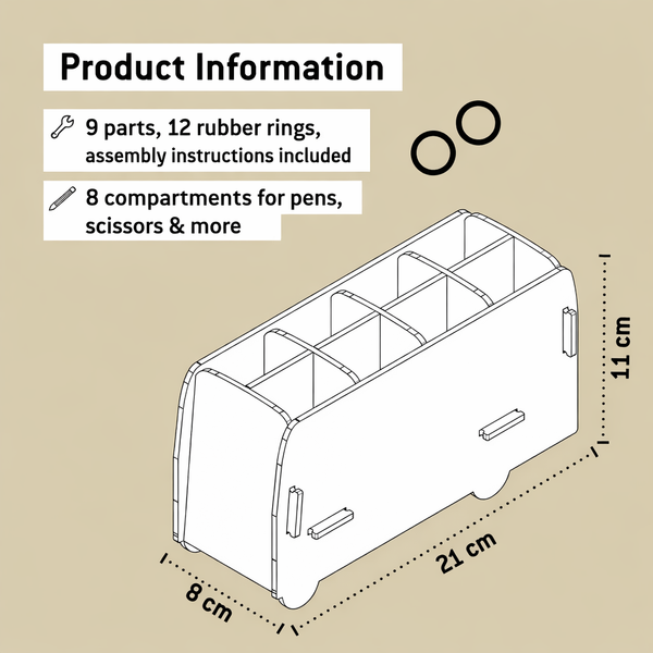 Product information diagram of a compartmentalized organizer with dimensions and features listed.