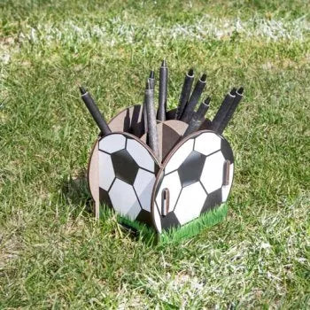 Football wooden pen pot diagram black and white football on grass