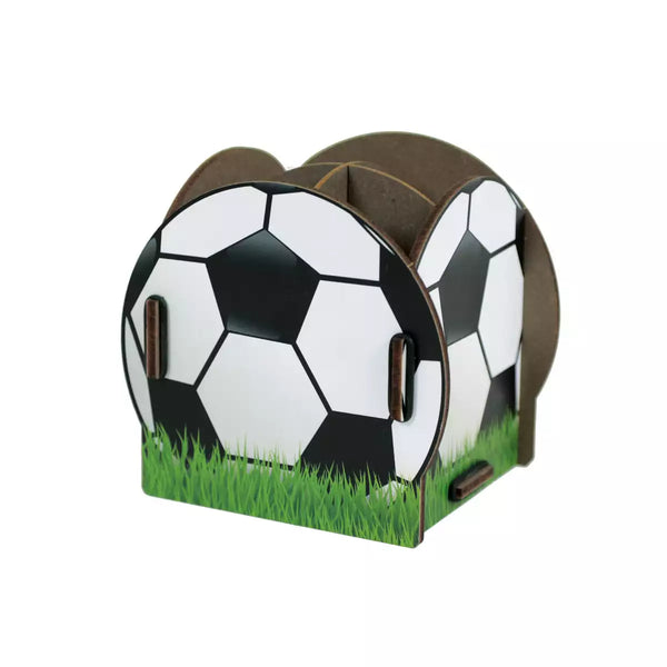 Football wooden pen pot diagram black and white football on grass