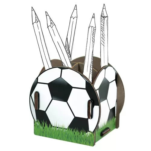 Football wooden pen pot diagram black and white football on grass