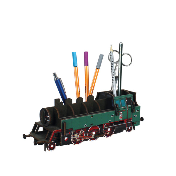 Train-shaped pen holder with stationery items