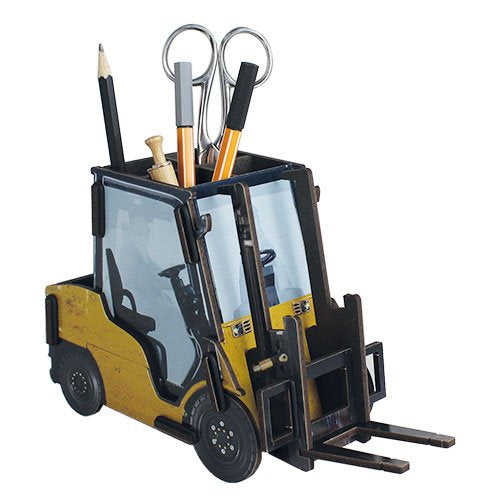 A forklift truck desk tidy with pens and pencils arranged on the forks, made of eco-friendly engineered wood with compartments and a mobile phone holder.