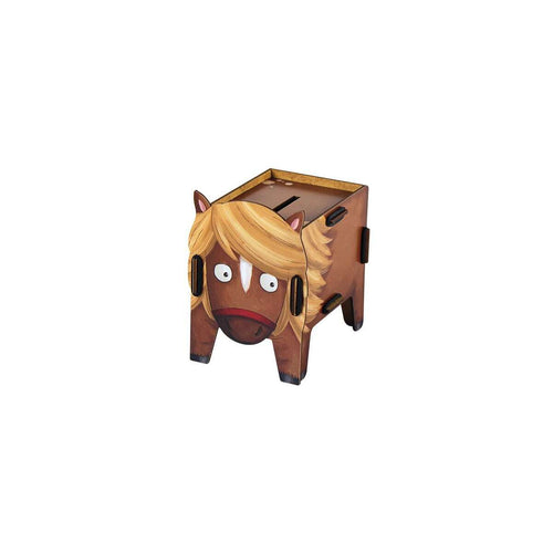 Cardboard horse-shaped box with a face on a white background