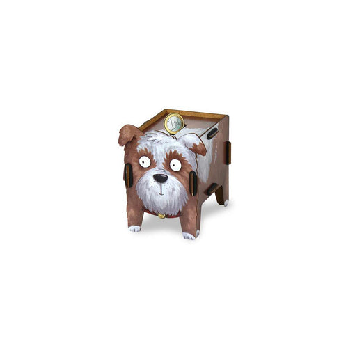 Cardboard dog-shaped box with a face on a white background