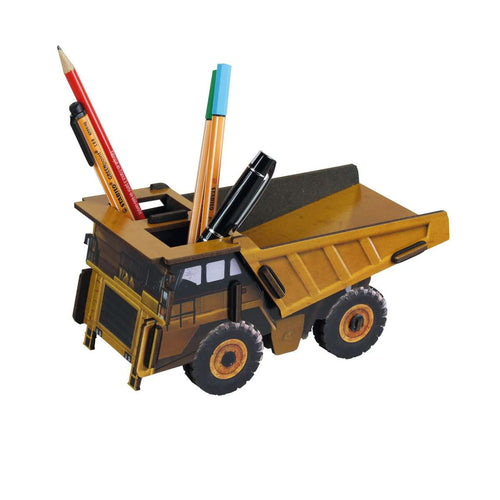 Dump truck-shaped pen holder with pens on a white background