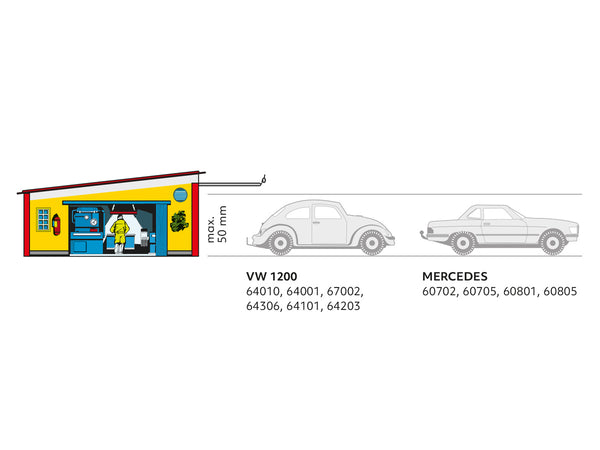 Model Kovap garage diagram with scale comparison to Volkswagen Beetle and Mercedes cars on a white background