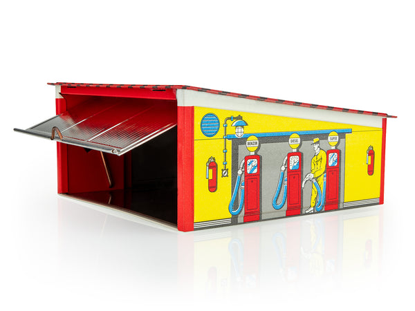 Colorful Kovap model of a gas station with cartoon-style pumps on a white background