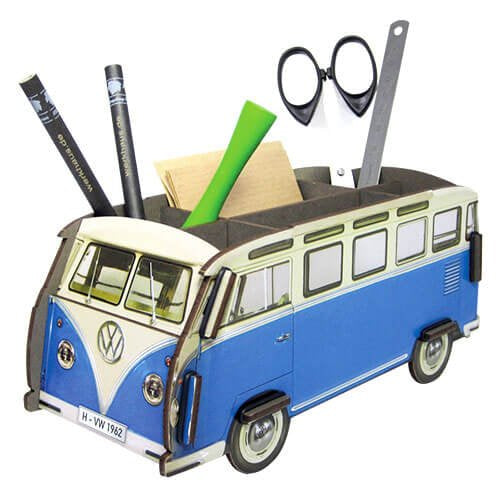 Volkswagen van-shaped desk organizer with stationery items on a white background