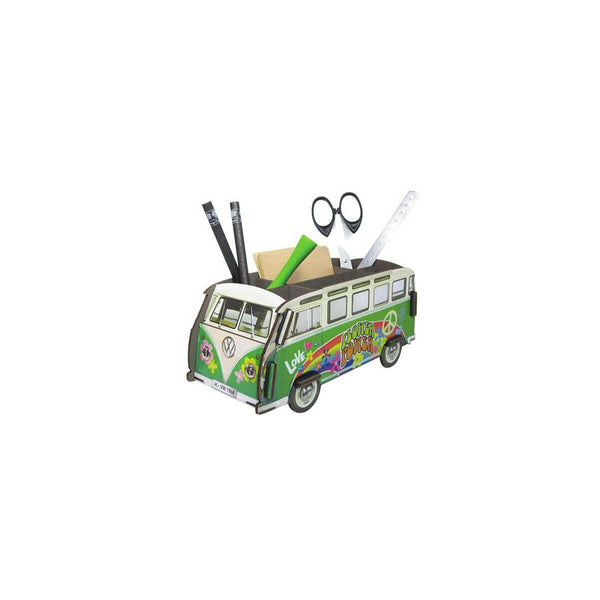 Volkswagen van-shaped desk organizer with stationery items on a white background