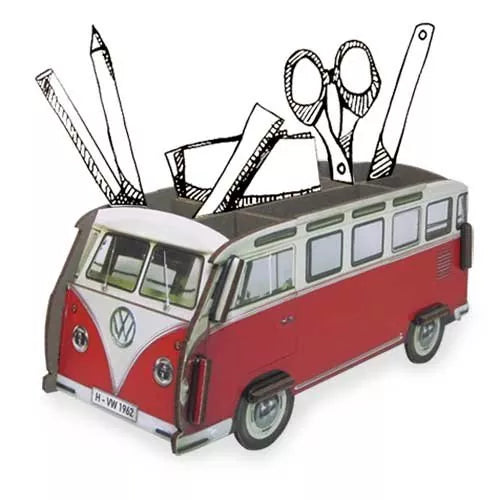 volkswagen red campervan pen pot with cartoon pen accessories sticking out of it