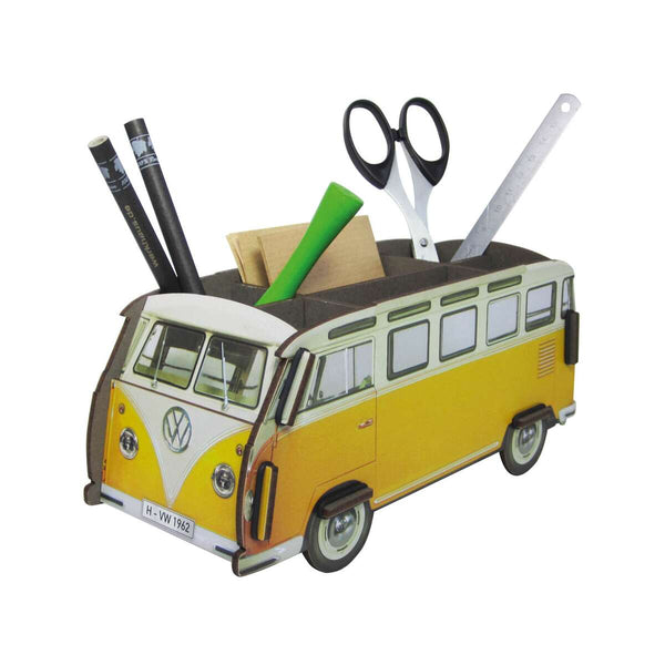 Yellow and white van-shaped desk organizer with stationery items on a white background