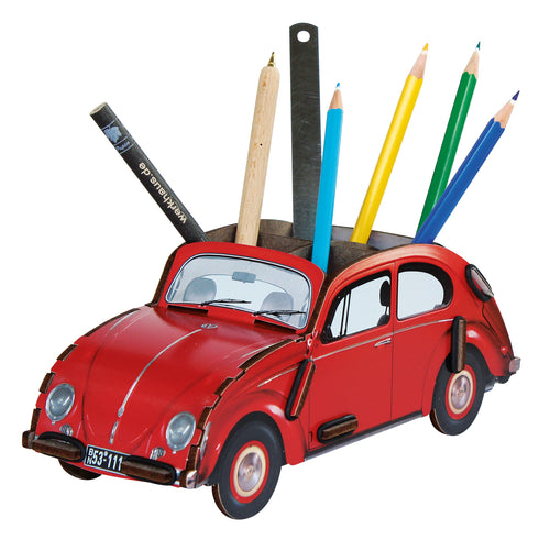 red old vintage car pencil holder on a white background