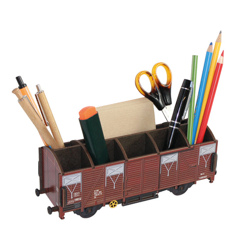 A brown freight wagon pen pot with various colorful pencils and pens stored inside.