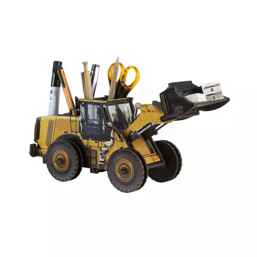 Yellow wheel loader pen pot carrying a silver pencil sharpener in its scoop