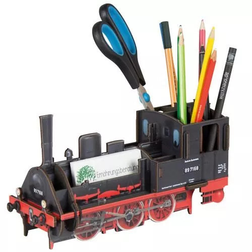 A pen pot designed to resemble a red and black steam train with a black chimney, carrying various colorful pens and pencils.