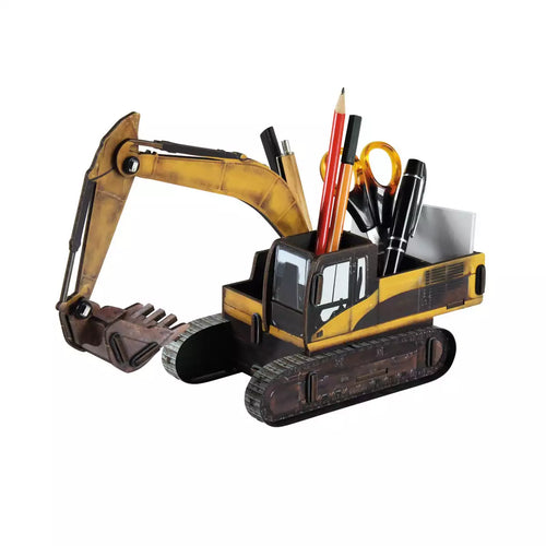 A toy excavator construction vehicle with movable shovel arm, featuring various compartments for storing pens, pencils, and other office supplies.