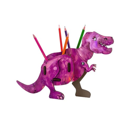 Purple dinosaur-shaped pencil holder with colorful pencils on a white background
