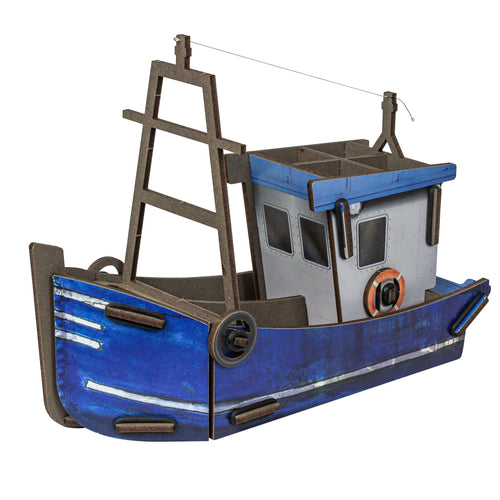 A model of a blue fishing boat pen pot with multiple compartments, featuring details such as a cabin and lifebuoy.