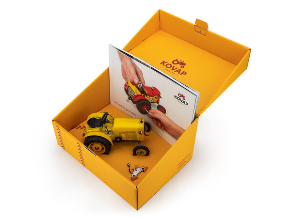 Kovap Tractor 75 Yellow tin toy in yellow Kovap box with instructions manual