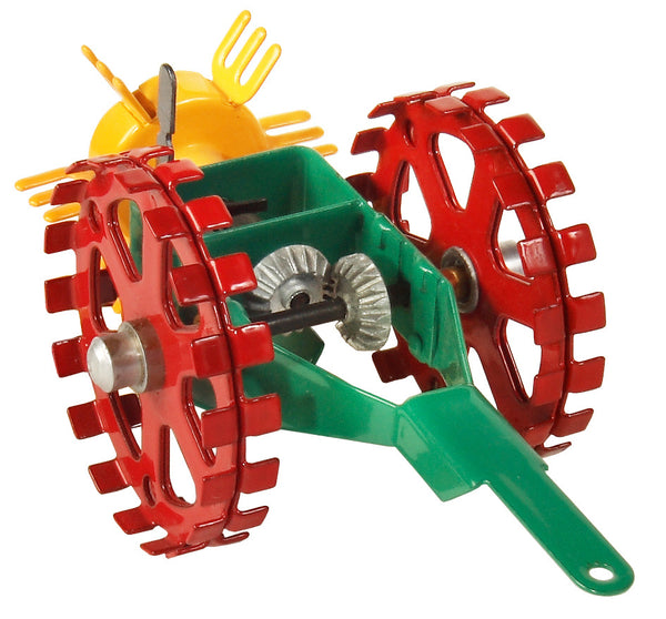 A toy model of a potato spinner, predominantly red with green and yellow accents, designed for attaching to tractors.