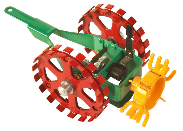 A toy model of a potato spinner, predominantly red with green and yellow accents, designed for attaching to tractors.