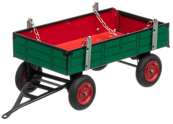 A green and red toy trailer with a folding tailgate, suitable for children and collectors, made with handmade craftsmanship.