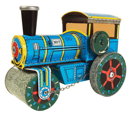 A colourful toy model of a road roller with a vintage design, featuring a blue and yellow engine with a black wheel, designed in a 1:43 scale.